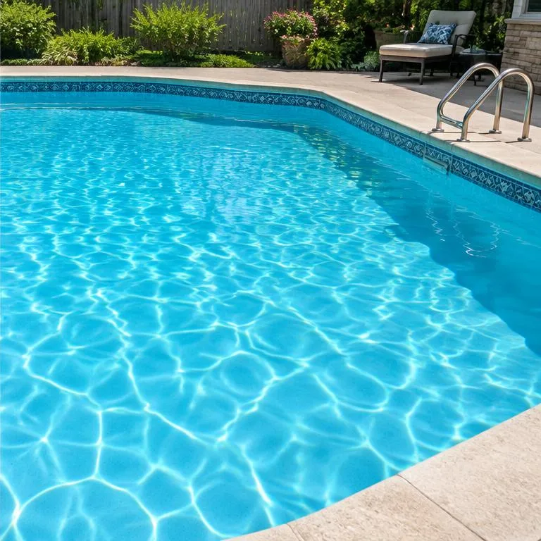 After: Illustrative comparison: leaves and scum along the waterline, then a spotless pool.